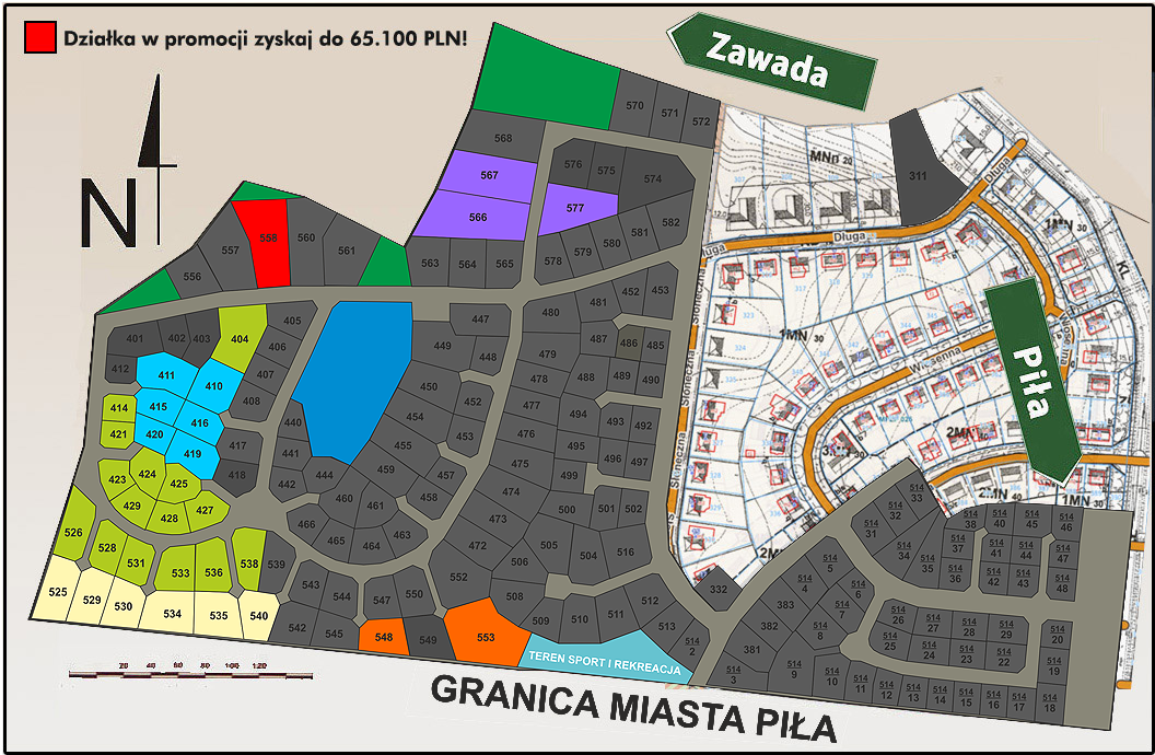 Mapa działek budowlanych na sprzedaż w Pile - osiedle Zawada