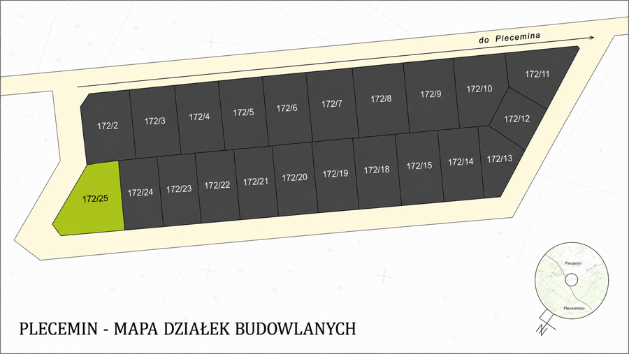 Mapa działek budowlanych w Pleceminie - działka 172/25 na sprzedaż